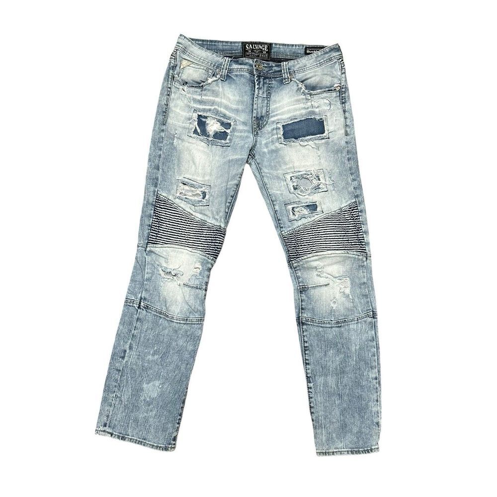 Salvage Light Blue Distressed Straight Jeans with Ribbed Knees
